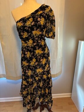 Inmod Navy One-Shoulder Floral Midi Dress with Yellow Flowers, Size L